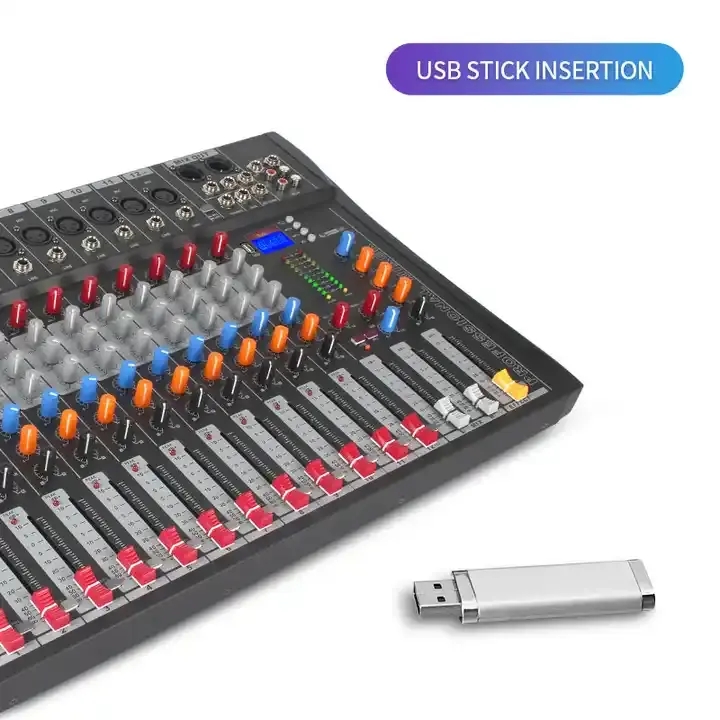 Venda quente 12 canais dj mixer console misturador de áudio conectar amplificador de potência placas de som de áudio com computador usb