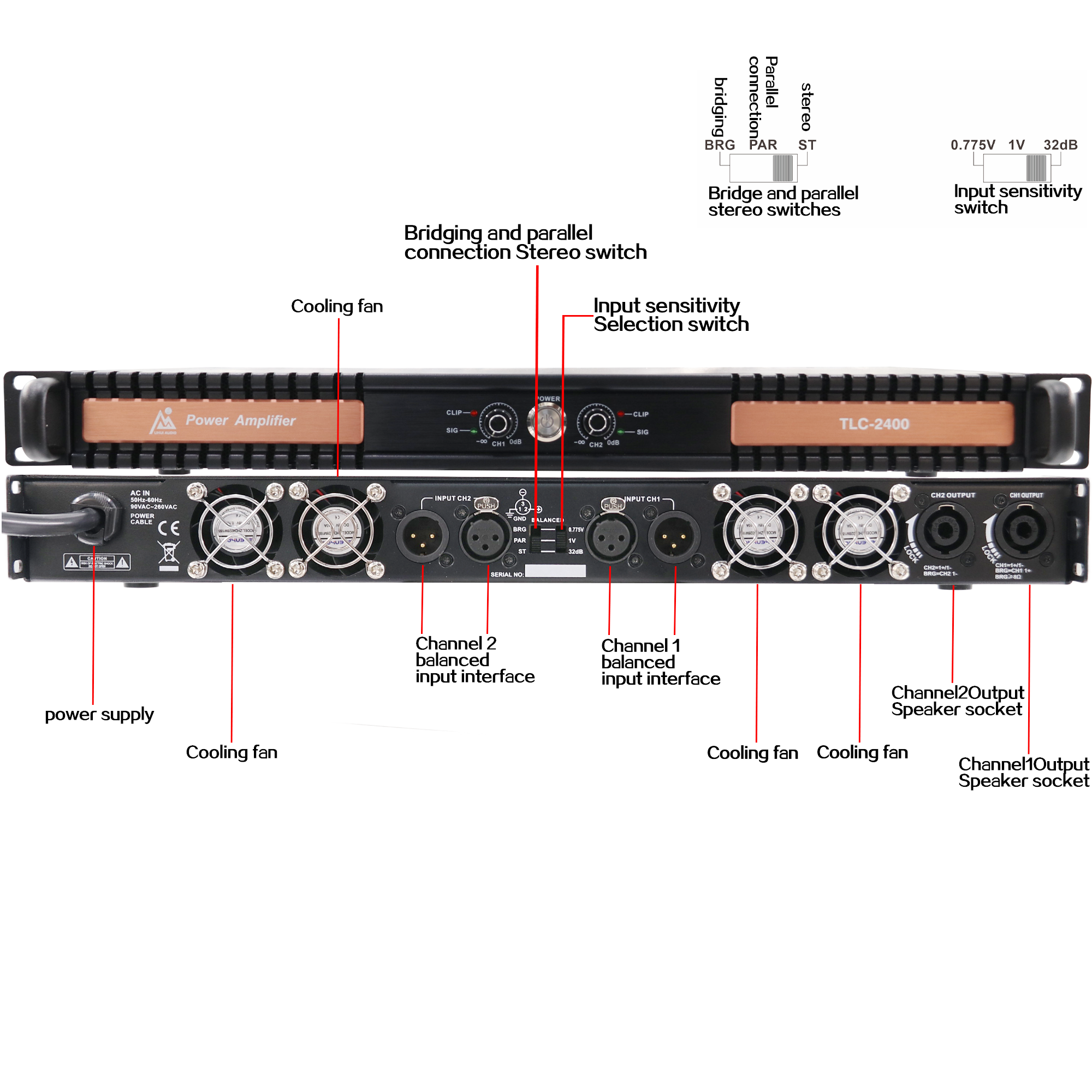 Amplificador de som TLC2400 2400w Tow Channel Pro com radiador de alumínio dentro do controle de tom baixo e alto projetado para sistemas de áudio de turismo